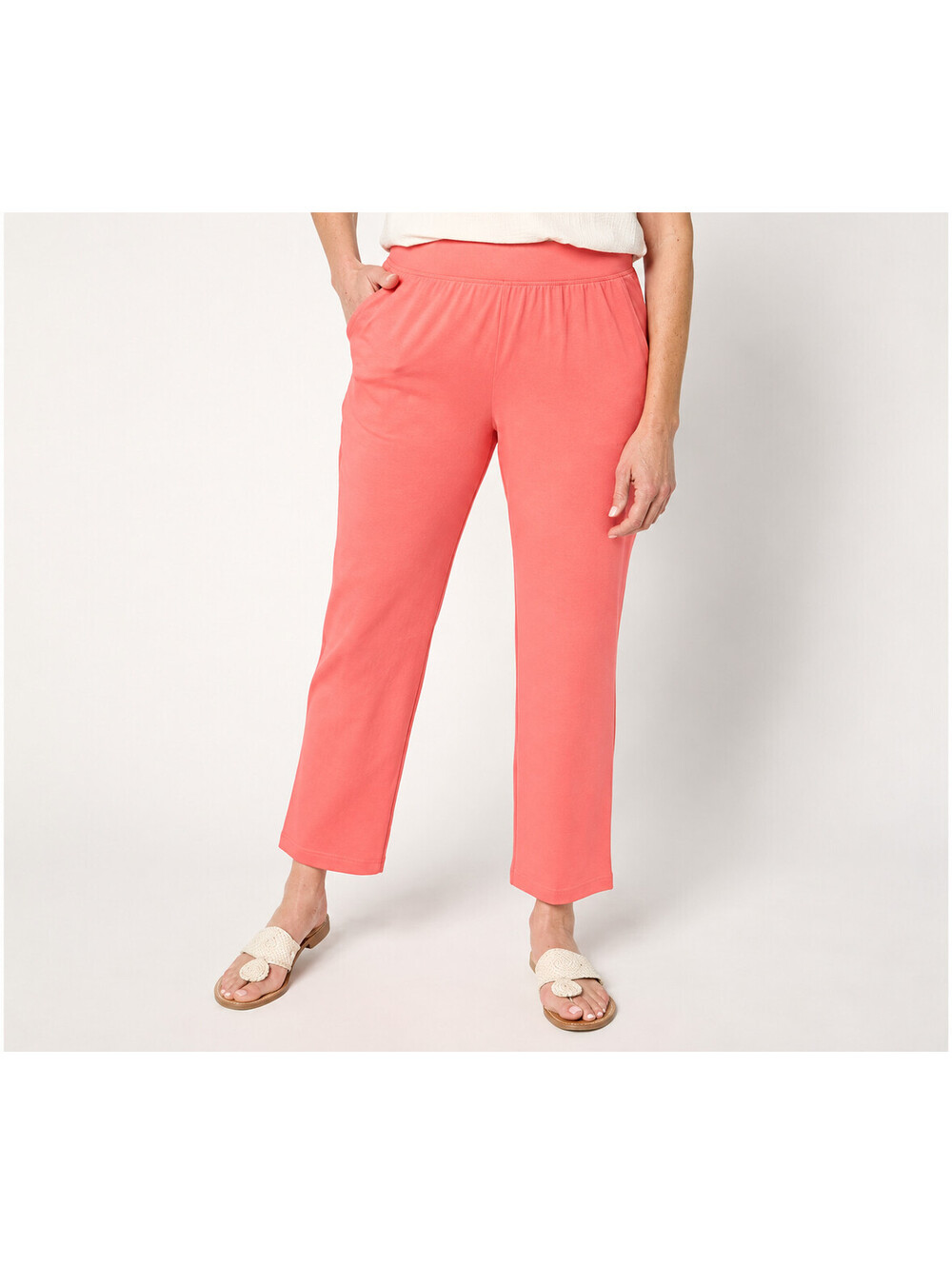 Denim & Co. Beach Jersey Regular Straight Leg Ankle Pants Sunset Coral, Medium